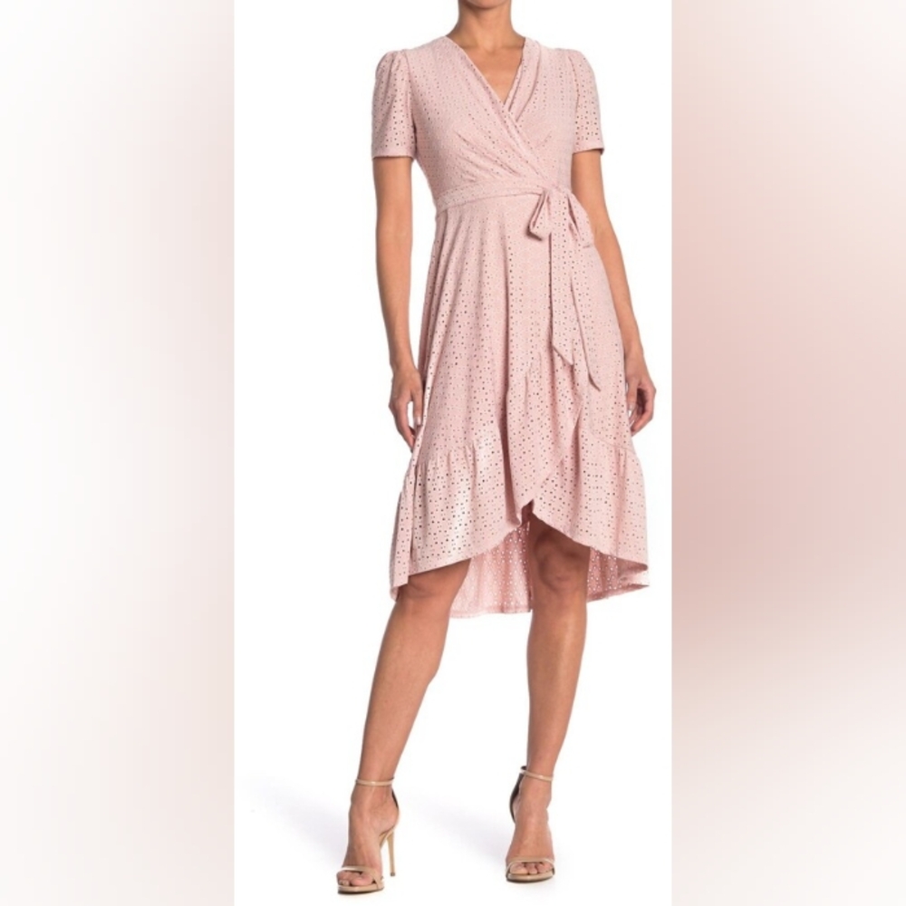 London Style Collection Elegant Pink Wrap Dress Eyelit Lattice Women's Size 2P